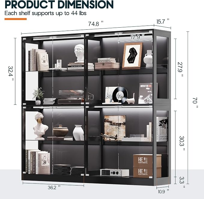 AMERLIFE 75-Inch RGB Display Cabinet with Glass Shelves | 70 H x 75 W x 16 D In, 4-Tier Storage, RGB LED Lights, Press-to-Open Doors, for Collectibles, Black