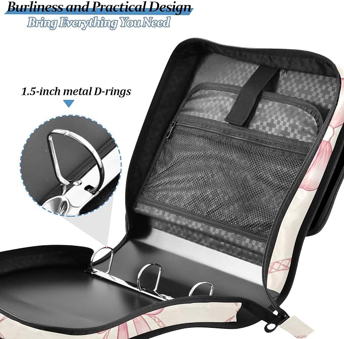 Pink Bow Rhombus Plaid Pattern Zipper Binder 3 Ring Binder with Shoulder Strap 500 Sheet Capacity Storage Organizer File Folder