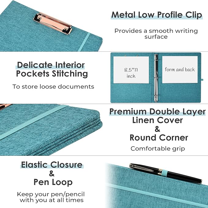 EYROZILL 3 Ring Binder, 1 Inch Linen Binder Organizer for Letter Size (8.5" x 11") with 5 Tab Dividers, File Folder Labels and Low Profile Clipboards, School and Office Supplies-Aqua Blue