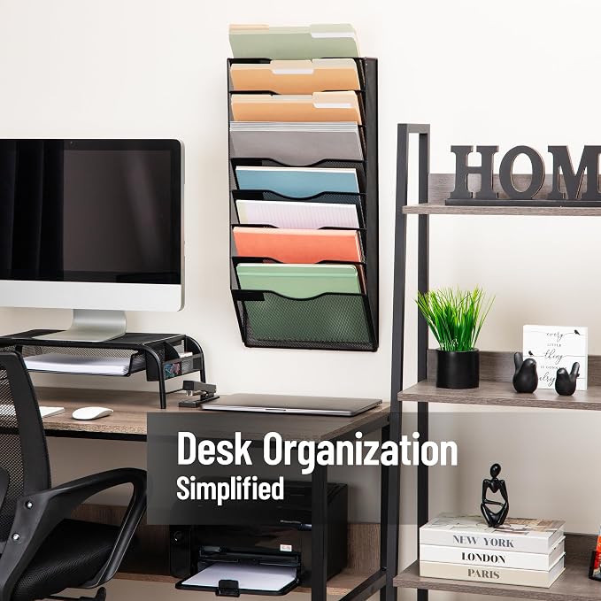 Mind Reader Wall File Organizer, 8 Pocket Hanging Document Rack, Office Wall Mount, Metal Mesh, Black