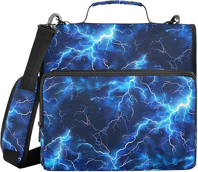 Blue Electric Lightning 3 Ring Binder Bag 1.5 inch Binder Organizer with Zipper Shoulder Strap 500 Sheet Documents Storage for School Office