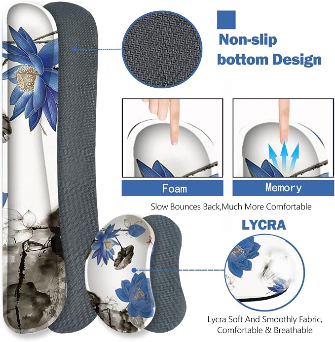 Extended Gaming Mouse Pad Set, Keyboard Wrist Rest Support Pad + Wrist Cushion + XXL Large Mouse Pad + Coaster, Stitched Edge, Non-Slip, Memory Foam Desk Mat, Blue Lotus Ink Painting