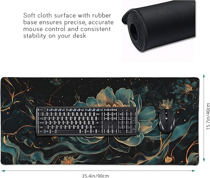 Floral Aesthetic Lotus Gaming Mouse Pad, Black Gold Chinoiserie Desk Mat with Anti-Slip Base & Stitched Edges, Office Supplies & Desk Decor for Women, 35.4" x 15.7" in Home Office Essentials