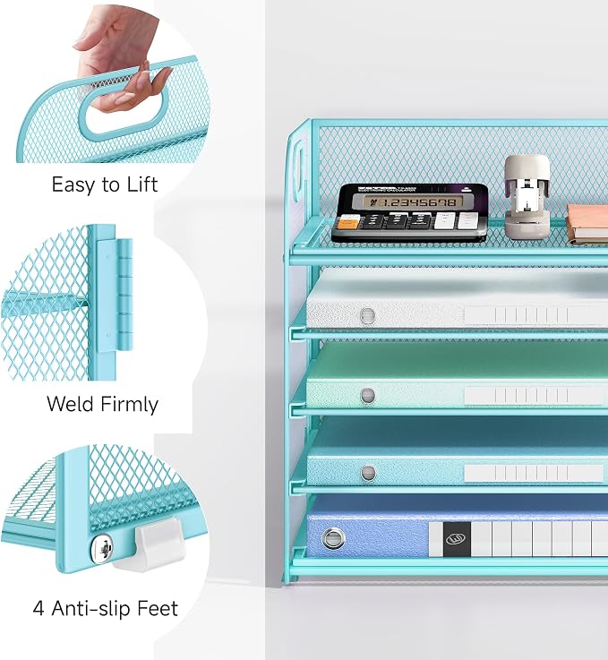 Lavatino Desk Letter Tray Paper Organizer for Desk 5-Tier with Handle Mesh Desktop File Organizer Paper Holder for Classroom Office Accessories - Blue