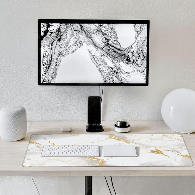 White Gold Marble Large Mouse Pad Non-Slip Desk Mat for Keyboard and Mouse Waterproof Gaming Mousepad Desk Pad Computer Accessories for Home Office 15.7x35.4Inch