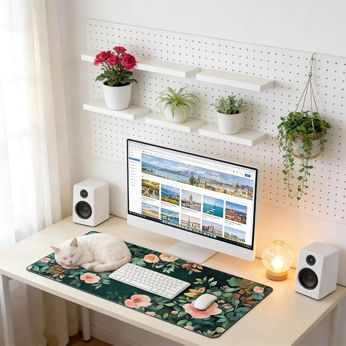 Cute Floral Aesthetic Rose Gaming Mouse Pad, Forest Green Moody Forest Desk Mat with Anti-Slip Base & Stitched Edges,35.4" x 15.7" in Table Mat for Computer Desktop, Beautiful Workstation Decor