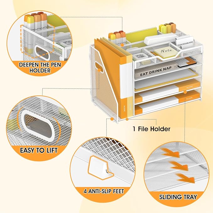 5 Tier Paper Letter Tray Desk Organizer with Pen Holders - White | Features 3 pen holders and 4 removable dividers.Versatile mesh desktop storage for mail, document,office supplie