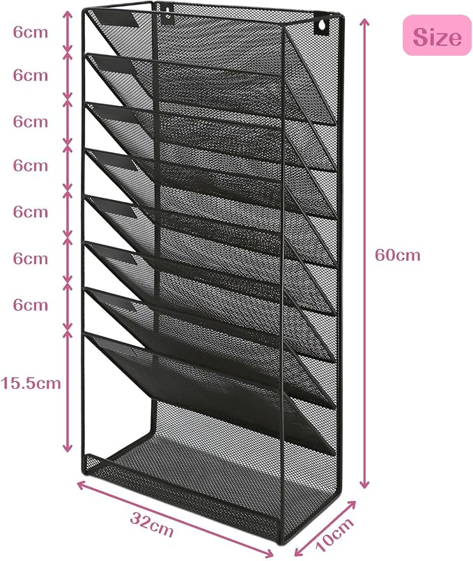 8 Pockets Mesh Wall File Holder Organizer with Bottom Flat Tray, Office Hanging File Folder Magazine Rack, Nametag Label Hooks Set Included, Black