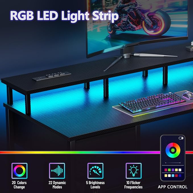 Korfile 47 Inch Computer Gaming Desk with Power Outlets & LED Lights Reversible Home Office Desk with Adjustable 5 Fabric Storage Drawers for Working Writing Study, Carbon Fiber Black | For gaming and working,built-in power outlets and LED lights,5 fab...