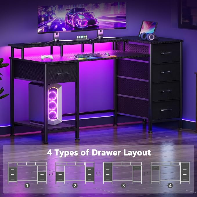 Korfile 47 Inch Computer Gaming Desk with Power Outlets & LED Lights Reversible Home Office Desk with Adjustable 5 Fabric Storage Drawers for Working Writing Study, Carbon Fiber Black | For gaming and working,built-in power outlets and LED lights,5 fab...