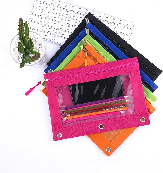 Pencil Pouch for 3 Ring Binder, Large Pencil Case with Clear Window, Metal Zipper Binder Pencil Pouches Fit Standard Binders, Durable Organizer for Office School Supplies 5 Pack