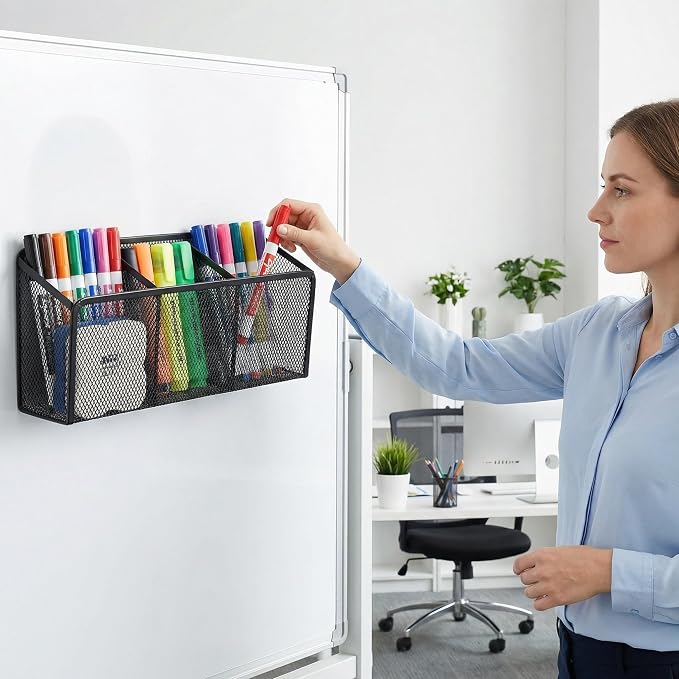 Neudeco Magnetic Pencil Holder, Black, Pack of 4 | Metal Mesh Storage Basket, Locker Shelf Organizer, For Whiteboard & Refrigerator, School & Office Supplies