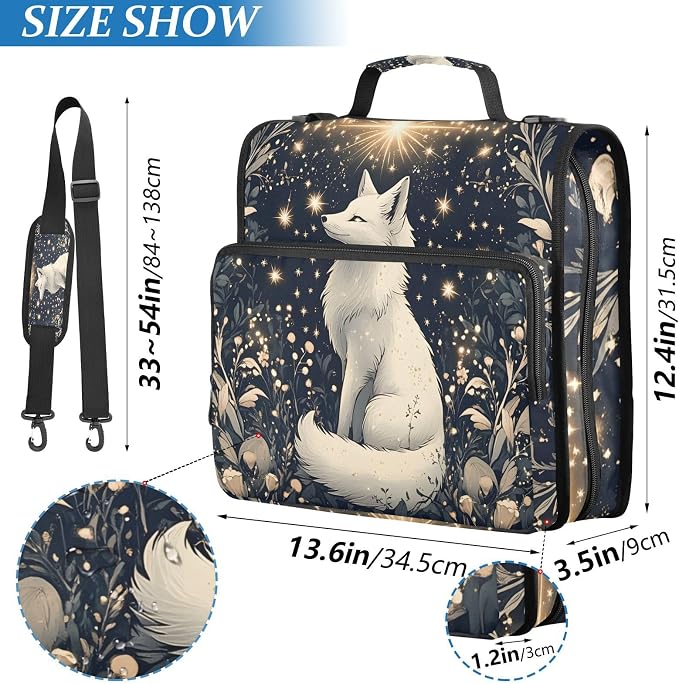 3 Ring Zipper Binder with Shoulder Strap White Mystical Fox Star 2 Inch Zippered Binder Bag 500 Sheet Capacity Multi Pockets for School Supplies