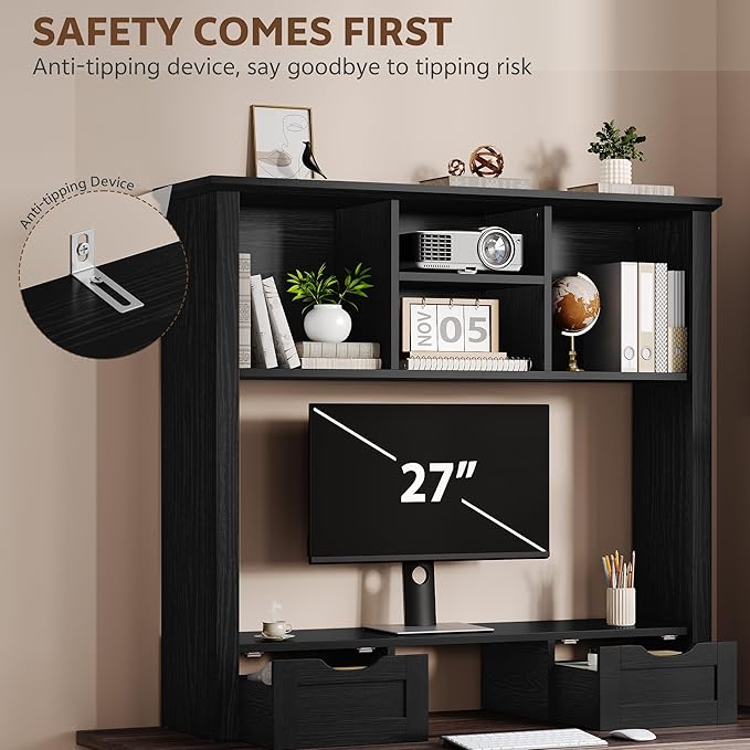 Desk Shelf with Computer Monitor Stand, 37.4''W Desktop Bookshelf | Display Rack, Desktop Organizer Storage Rack with Cubbies & Drawers, 5-Tier Hutch for Home, Office, Dorm, Vanity, Black