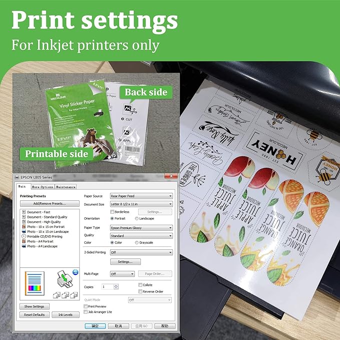 MECOLOUR Clear Sticker Paper for Inkjet Printer -95% Transparent 8.5x11 Inch Vivid Colors, Tear Resistant -50 Sheets
