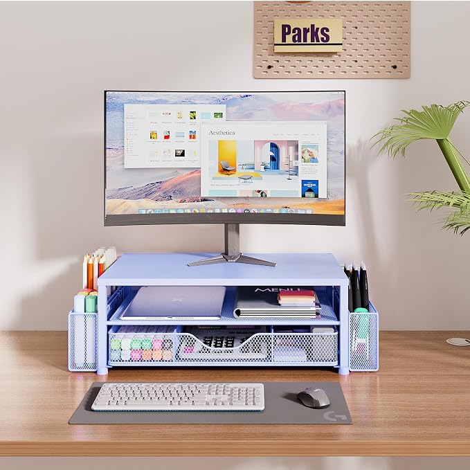 Desk Organizers and Accessories, Computer Monitor Stand Riser with Drawer and 2 Pen Holders, Printer & Laptop Stand, Office Desk Accessories & Workspace Organizers for Home Office Supplies, Blue