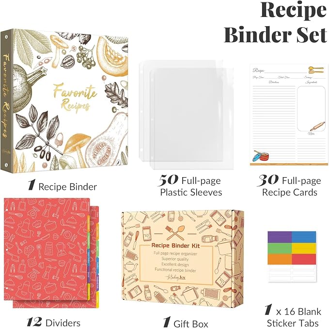 Recipe Binder with Plastic Sleeves, 8.5x11 3 Ring Blank Recipe Book Binder | Premium recipe binder kit with waterproof cover, sleeves, cards, dividers and gift box for preserving recipes-Color Veggies.