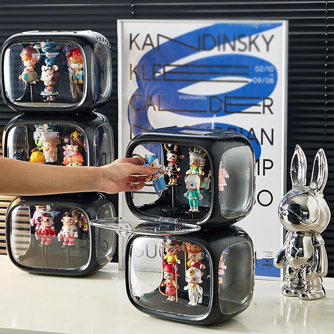 Clear Acrylic Display Case for Figures with LED Light, Dustproof & Moistureproof Display Stand with Door, Storage Box for Lego Collectibles, Action Figures, Pop Mart and Model Toys (Black)