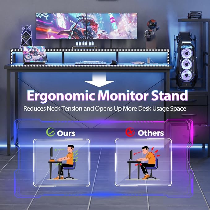 52 inch Gaming Desk with Drawers, Reversible Computer Desk, Black | Gamer Desk with LED Lights, Power Outlets & Monitor Stand, Large Office Table for Home Bedroom Study Work Writing