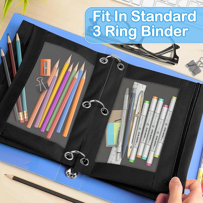 72 PCS 3 Ring Pencil Pouches Bulk in in Black, School Classroom Supplies | Pencil Pouch for 3 Ring Binder, Zipper Pencil Pouches with Clear Window for Classroom Office School Supplies