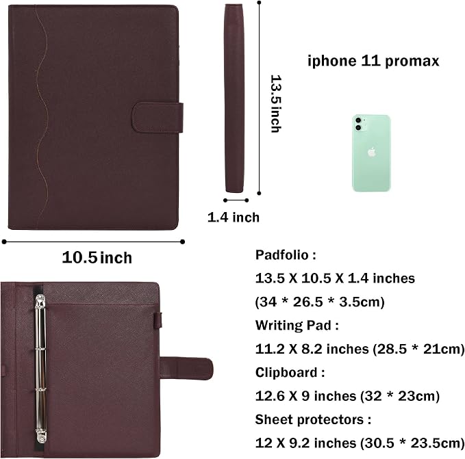 Wonderpool A4 PU Leather 3 & 4 Ring Holder Writing Portfolio Multi Document Case with Removable Binder Clipboard and Functional Pocket for Organizer Office Travel School (Coffee)
