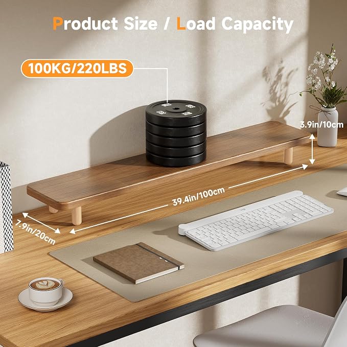 Dual Monitor Stand Riser, 39 Inch Extra Long Wooden Desktop Monitor Riser with Storage for 2 Monitors Ultra Strong Desk Shelf Organizer Riser Ergonomic for 2 Screens/Laptop/PC/TV/Printer (Walut brown, 39inches)