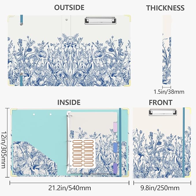 3 Ring Binder 1 Inch, Cute Round Ring Binders with 6 Tab Dividers, Labels Stickers, Low Profile Clipboard with Storage, Fashion Binder School Office Supplies(Vintage Blue Florals)