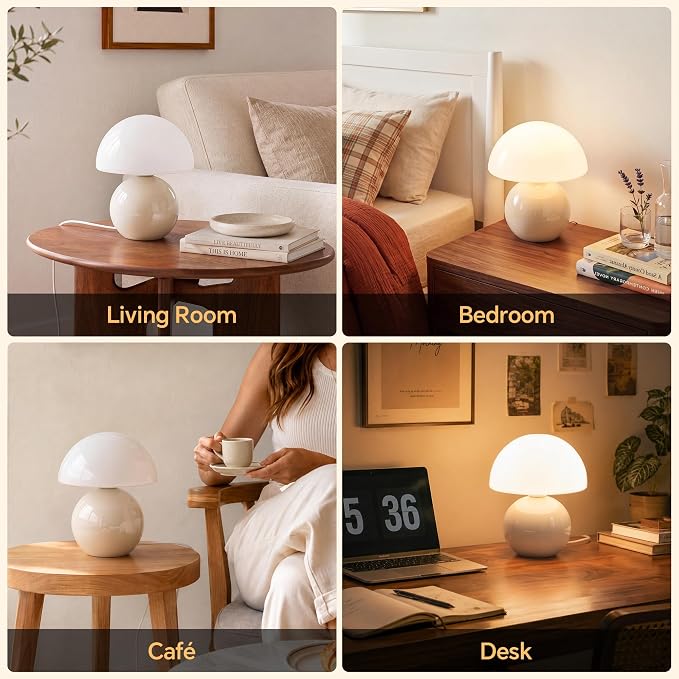 Mushroom Lamp Table Lamp for Bedroom-Small Desk Table Lamps,Cream | 8.7" Mid Century Modern Table Lamps for Living Room Bedroom Decor,Cute Ceramic Lamps for Mushroom Home Room Decor,Glass Shade