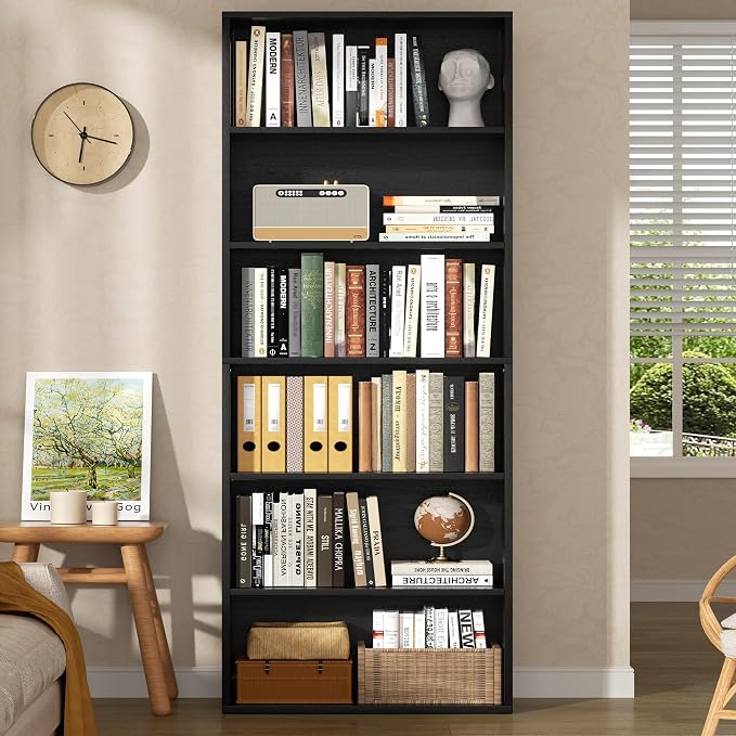 Shintenchi Bookshelf,6-Tier Open Bookcase and Bookshelves,6 Shelf Display Storage Shelves Floor Standing 70.6 inches Tall Bookcase for Home Office, Living Room (Black)