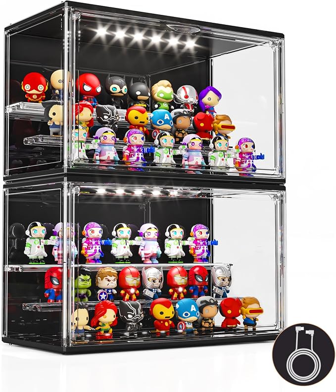 Acrylic Display Case for Collectibles with LED Light, 3 Layer Adjustable Figure Display Case with Magnetic Door, Lighted Display Box Stackable Clear Blind Box for Action Figure, Popmart, 2 Pack, Black
