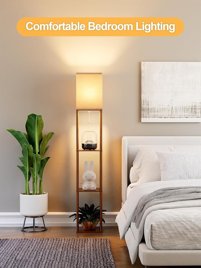 Floor Lamp with Shelves for Living Room Walnut Brown, Shelf Floor Lamp with 3 CCT LED Bulb, Corner Display Standing Column Lamp Etagere Organizer Tower Nightstand with White Linen Shade for Bedroom