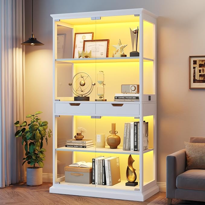 Jocoevol Display Cabinet with Glass Doors, 4-Tier Curio Cabinet with with 2 Drawers for Collectibles, Modern Glass Display Case Human Body Sensor & RGB Lights for Living/Game Room (White)