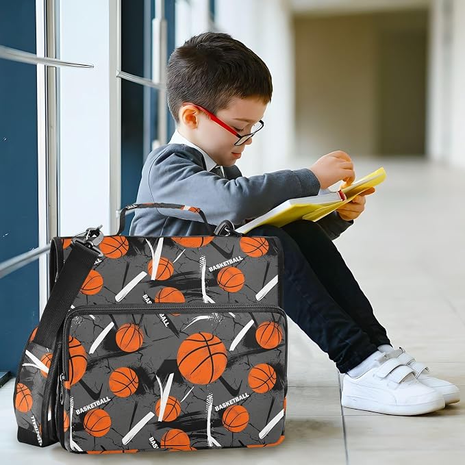 Aslsiy Zipper Binder Bag for Girls Boys Grunge Basketball Pattern Kids 1.5 inch 3-Ring Binder Organizer with Shoulder Strap for School Office Supplies