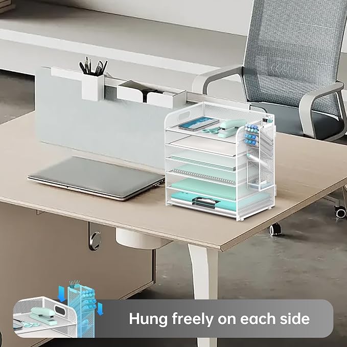 6 Tier Desk Organizer with 4 Pen Holders & Mesh Paper Trays White | 6 Tiers Paper Organizer, File Organizer Letter Tray with Handle for A4 Files, Folders, Mail and Office Supplies