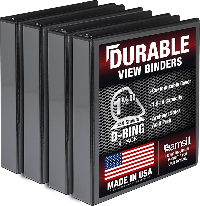 Samsill Durable 1.5 inch 3 Ring Binder, D Ring Binder, 100% Recycled Chipboard, Black, 4 Pack