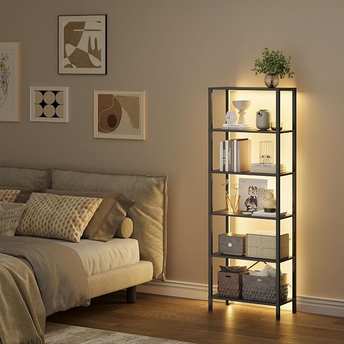 JARHETUN 6-Tier Bookshelf, Tall Bookcase with LED Lights, Book Shelf with Steel Frame, 11.2" x 23.6" x 65.4", Display Storage Shelf for Living Room, Bedroom, Home Office, Study, Black
