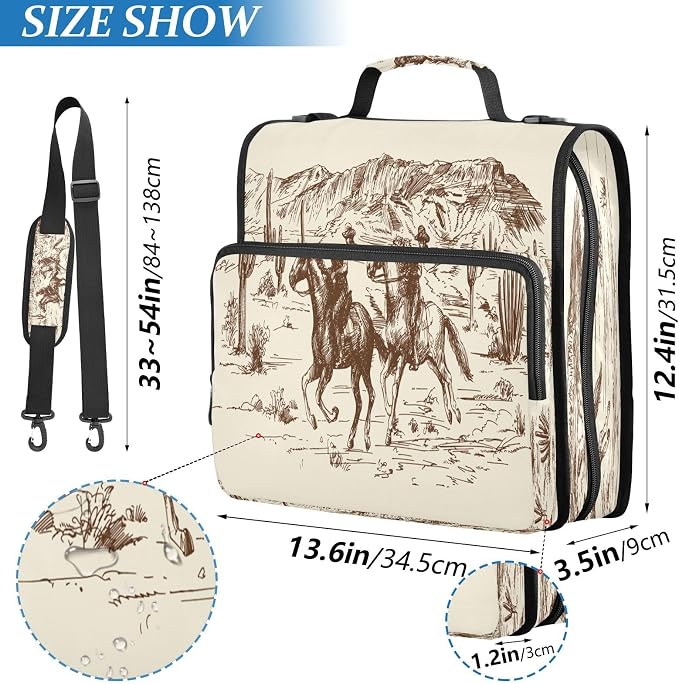 Western Cowboys Print Zipper Binder Bag 3 Ring with Shoulder Strap & Handle Multi Pocket Binder Organizer Bag Large Capacity for School Office Supplies