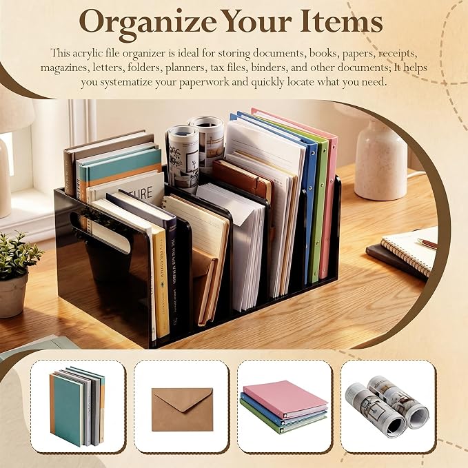 Didaey 1 Pack Acrylic Magazine File Holder, 5 Vertical Compartments Desk Sorter Organizer Magazines Documents Books Accessories Black Folder Rack Binder for Office Home(B5, 5 Sections, Black)