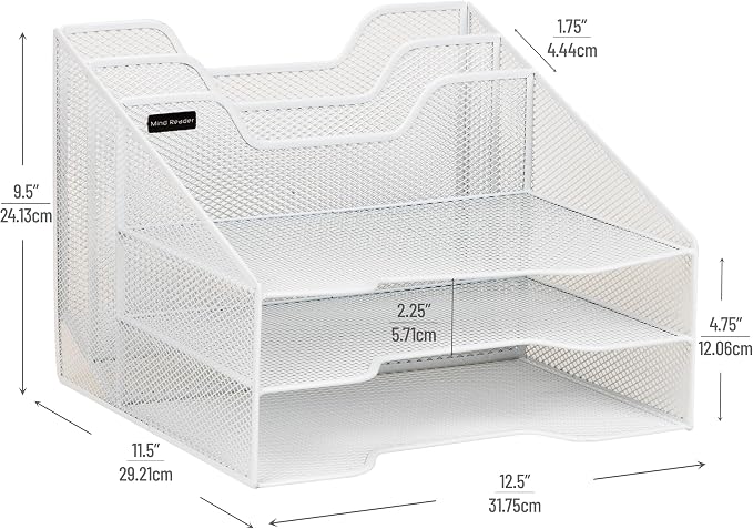Mind Reader Metal Mesh Desktop File Organizer, 3-Tier Paper Tray with 5 Compartments, Office Mail Sorter, White