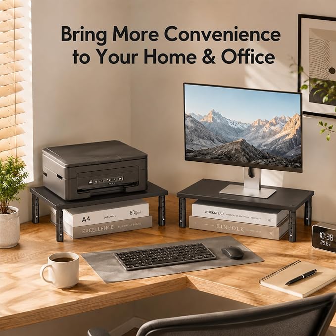 Adjustable Monitor Stand Riser for Desk, Wood Computer & Laptop Stand, Desk Organizers and Accessories, Office Desk Accessories & Workspace Organizer for Home Office Supplies, Black