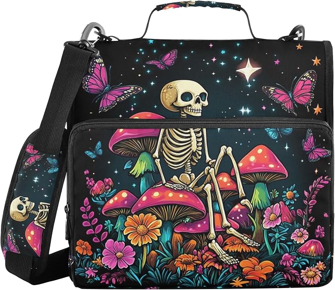 MNSRUU 3 Ring Binder Bag, 2 Inch D-Rings Easily Organizes 1 Inch Fits Letter Sized Paper, Skeleton Sitting on Mushrooms with Butterflies Large 3 Hole Zipper Binder Organizer for School Office Suppli