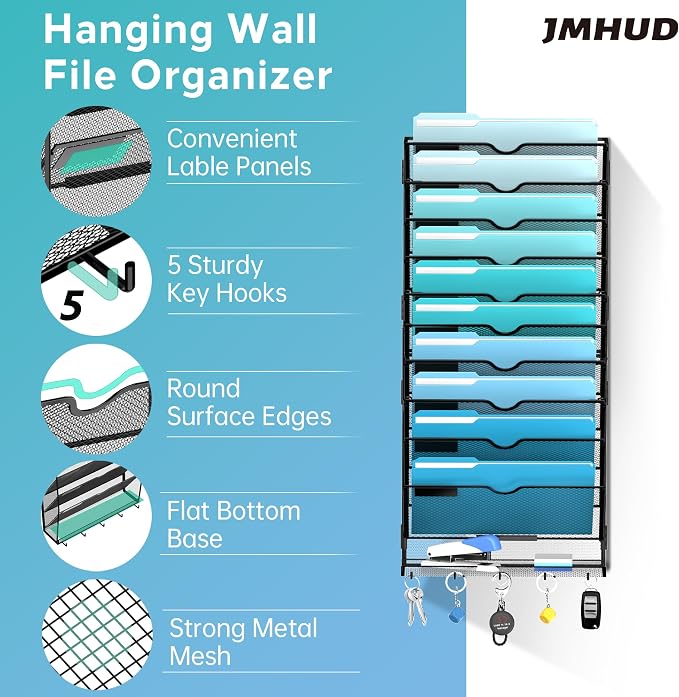 11-Tier Wall File Organizer and Mail Organizer with 5 Hooks, Black | Label slots, curved openings, 5 key hooks, and a bottom tray support organized mail, file, and everyday item storage.
