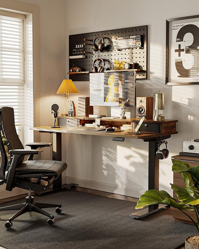 48x24 Inch Electric Standing Desk with Double Drawers, Adjustable Feet & Hooks, Ergonomic Home Office Workstation, Brown