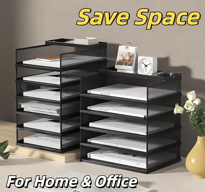 A3 Mesh Desk File Organizer, Stackable Paper Tray，Desktop Document Sorter, File Storage, 3/4/5-Tier Paper Letter Tray Organizer, Desk Accessories & Workspace, Black (4 Tier-Portrait-Black)