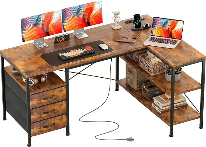 Alpen L Shaped Computer Desk, 55 Inch Corner Desk with Drawers and Power Outlets, Home Office Desk for Gaming, Study Writing PC Table with Storage and Reversible Shelf, Rustic Brown