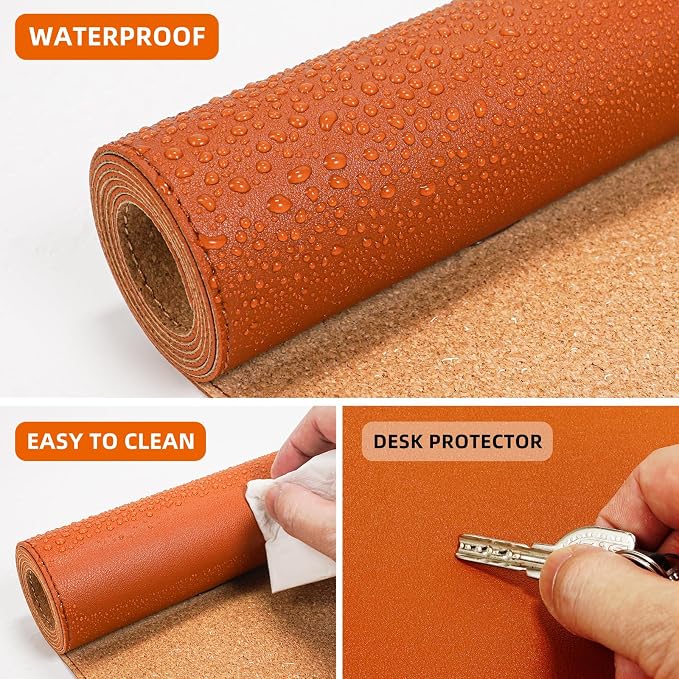 AFIING Cork Desk Mat 47" x 23.6", Dual-Sided Natural Cork & PU Leather Desk Pad, Non-Slip Waterproof Large Mouse Pad for Office, Home & Gaming (Orange)