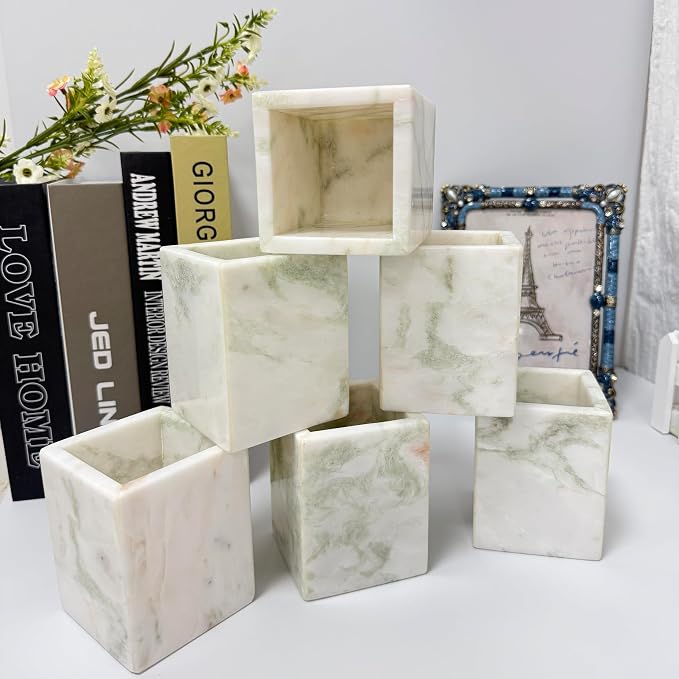Natural Marble Pen Holder, 2.95" x 3.74" Square Hand-Polished Desk Pencil Cup, Multi-Functional Marble Organizer for Makeup Brushes, Kitchen Utensils, Office, Bathroom, Home Decor