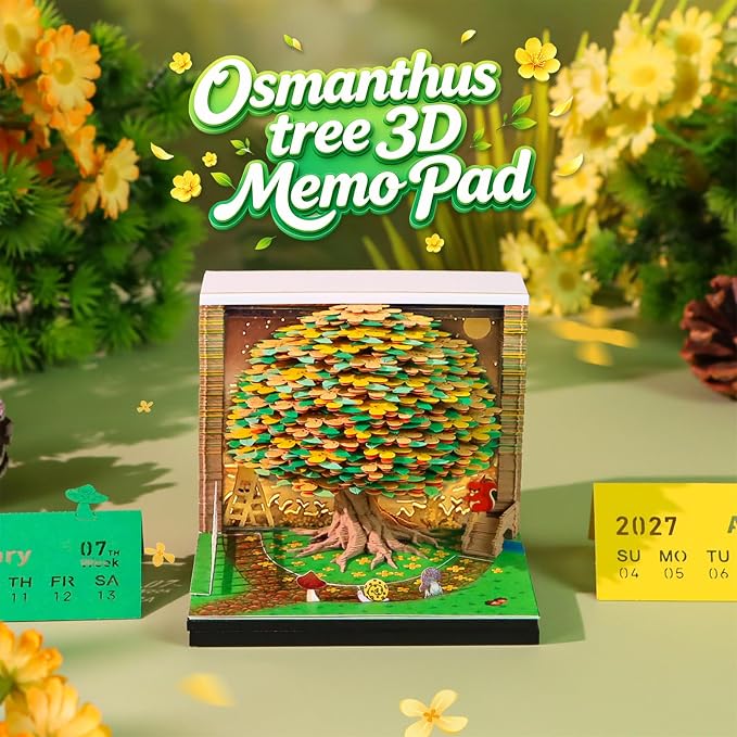 3D Time Piece Calendar, 2027 Desk Calendar With LED Light, 3d Tree Memo Pad Creative Desk Calendar, Christmas Gift for Colleague Friend, Desktop Decoration (Osmanthus Tree)