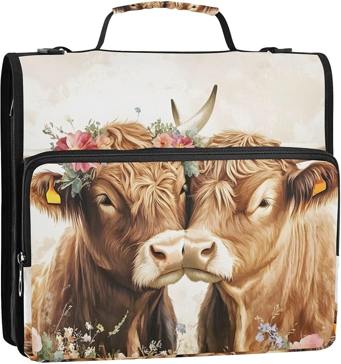 3 D-Ring Zipper Binder Bag, Two Highland Cows in Love Removable Binder with Zipper Case Hold 300+ Sheets& 13 Inch Laptop for School Office Supplies Organizer