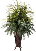 Nearly Natural 6725 Mixed Greens and Cattails Plant with Stand Planter, Green 34 x 32 x 50 | Lush Lifelike Foliage, Bamboo Stand Planter Included, Perfect Maintenance-Free Accent for Home or Office Decor